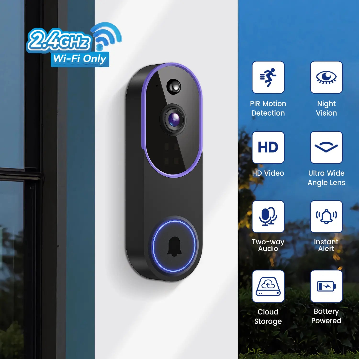 1080P Wireless Video Doorbell Camera, Smart AI Human Detection, FHD Live View, Cloud Storage, Night Vision, Two Way Audio, Instant Alert, 2.4G Wifi Only, Indoor/Outdoor Surveillance Cam for Home Security System