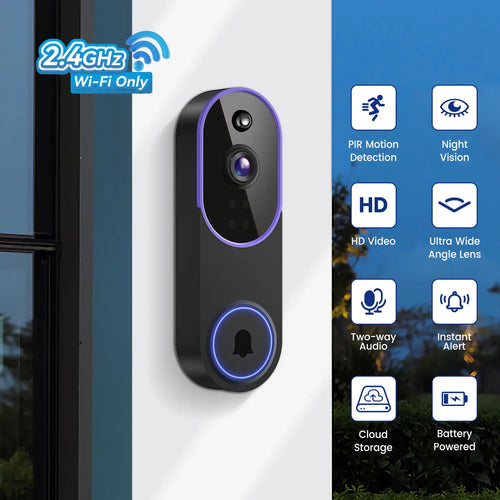 1080P Wireless Video Doorbell Camera, Smart AI Human Detection, FHD Live View, Cloud Storage, Night Vision, Two Way Audio, Instant Alert, 2.4G Wifi Only, Indoor/Outdoor Surveillance Cam for Home Security System