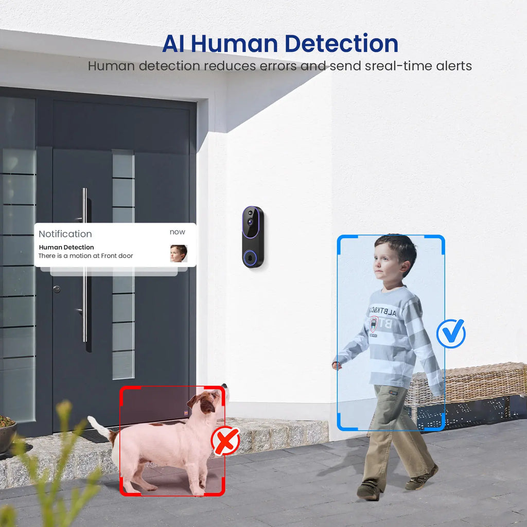 1080P Wireless Video Doorbell Camera, Smart AI Human Detection, FHD Live View, Cloud Storage, Night Vision, Two Way Audio, Instant Alert, 2.4G Wifi Only, Indoor/Outdoor Surveillance Cam for Home Security System