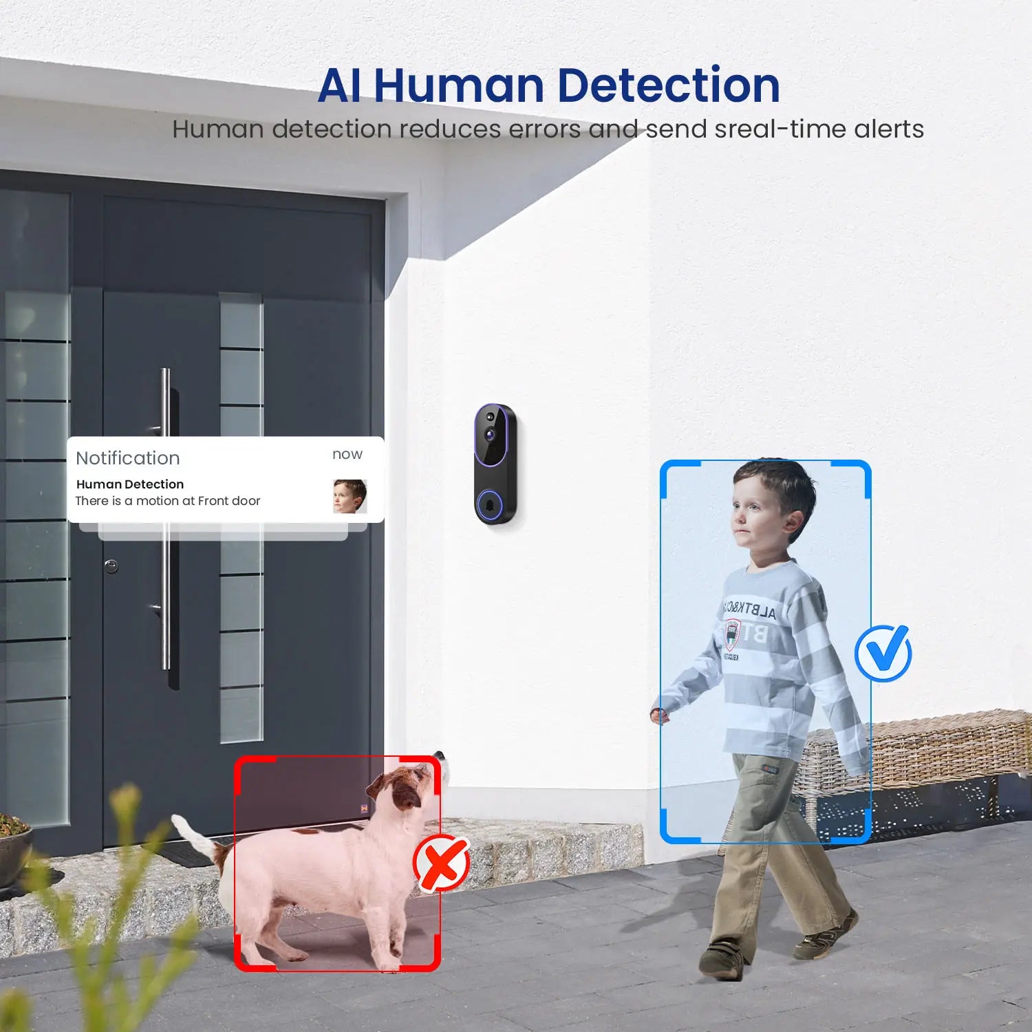 1080P Wireless Video Doorbell Camera, Smart AI Human Detection, FHD Live View, Cloud Storage, Night Vision, Two Way Audio, Instant Alert, 2.4G Wifi Only, Indoor/Outdoor Surveillance Cam for Home Security System